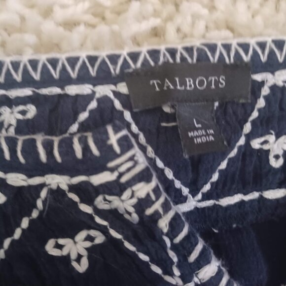 Talbots Women’s Large Embroidered Peasant Blouse Navy Blue Boho Top 3/4 Sleeve - Picture 2 of 8